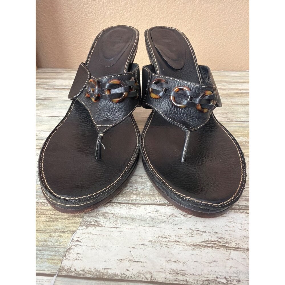 Frye Black Leather Thong Sandals Tortoise Chain Detail Women’s Sz 9 Pre-owned - Picture 5 of 14